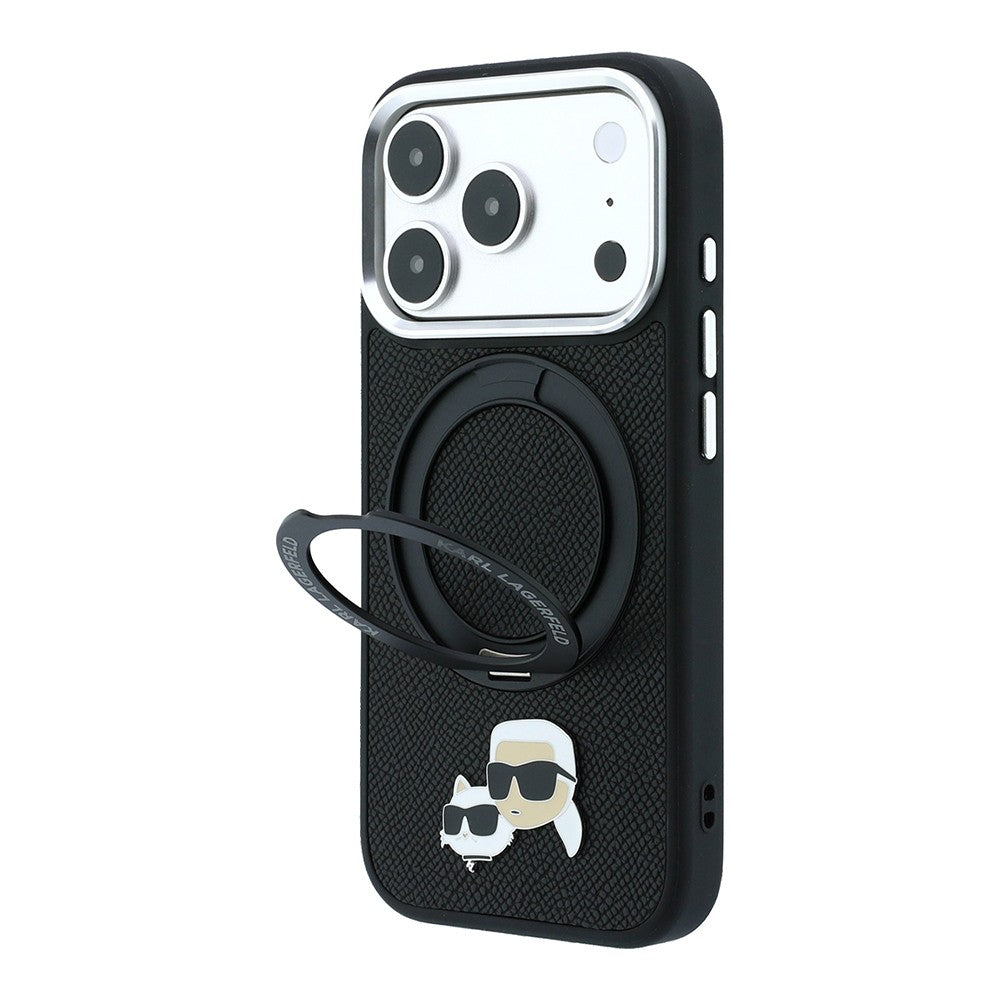 Apple iPhone 18 Pro Max Kılıf Karl Lagerfeld Orjinal Lisanslı M-Safe Şarj Özellikli K&C Heads Pin Metal Logolu PU 360 Derece Dönebilen Standlı Kapak Siyah