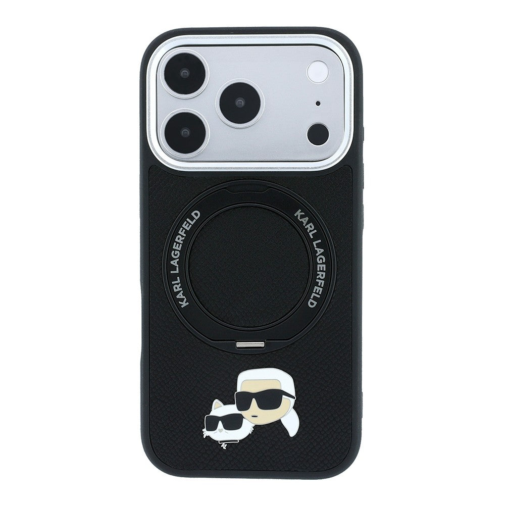 Apple iPhone 18 Pro Max Kılıf Karl Lagerfeld Orjinal Lisanslı M-Safe Şarj Özellikli K&C Heads Pin Metal Logolu PU 360 Derece Dönebilen Standlı Kapak Siyah