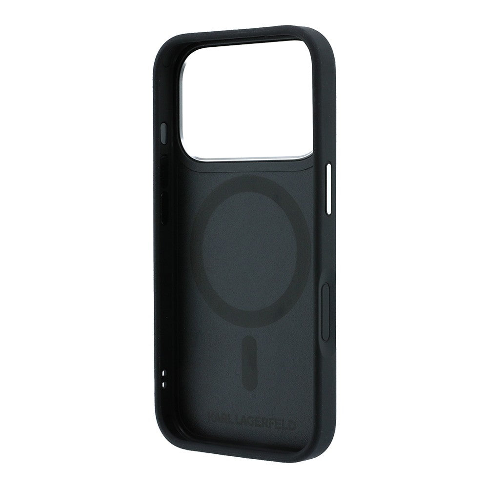 Apple iPhone 18 Pro Max Kılıf Karl Lagerfeld Orjinal Lisanslı M-Safe Şarj Özellikli K&C Heads Pin Metal Logolu PU 360 Derece Dönebilen Standlı Kapak Siyah