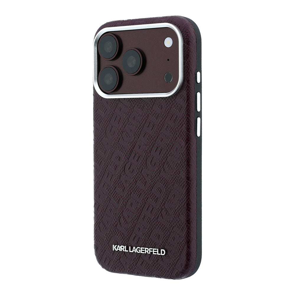 Apple iPhone 18 Pro Max Kılıf Karl Lagerfeld Orjinal Lisanslı PU Deri Damgalı Metal Yazı Logolu Grained Kapak Bordo