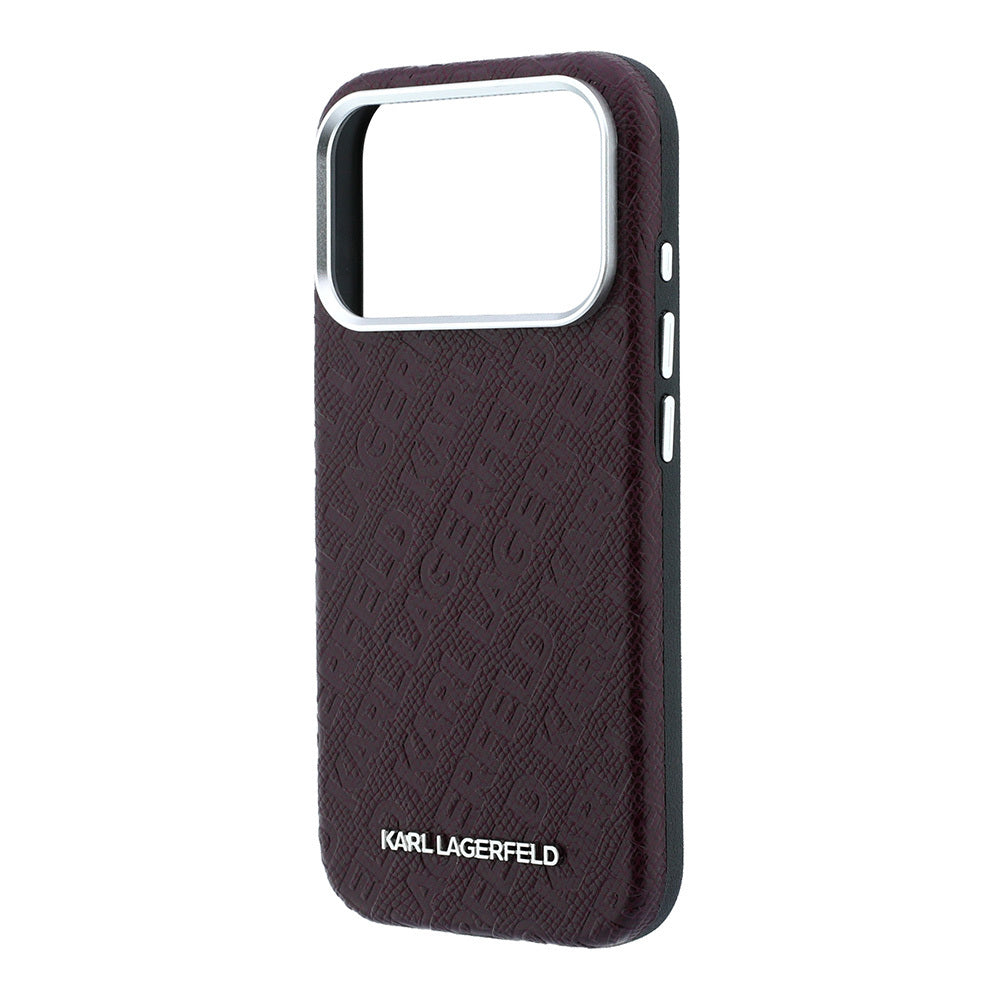 Apple iPhone 18 Pro Max Kılıf Karl Lagerfeld Orjinal Lisanslı PU Deri Damgalı Metal Yazı Logolu Grained Kapak Bordo
