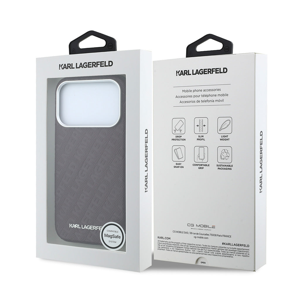 Apple iPhone 18 Pro Max Kılıf Karl Lagerfeld Orjinal Lisanslı PU Deri Damgalı Metal Yazı Logolu Grained Kapak Bordo