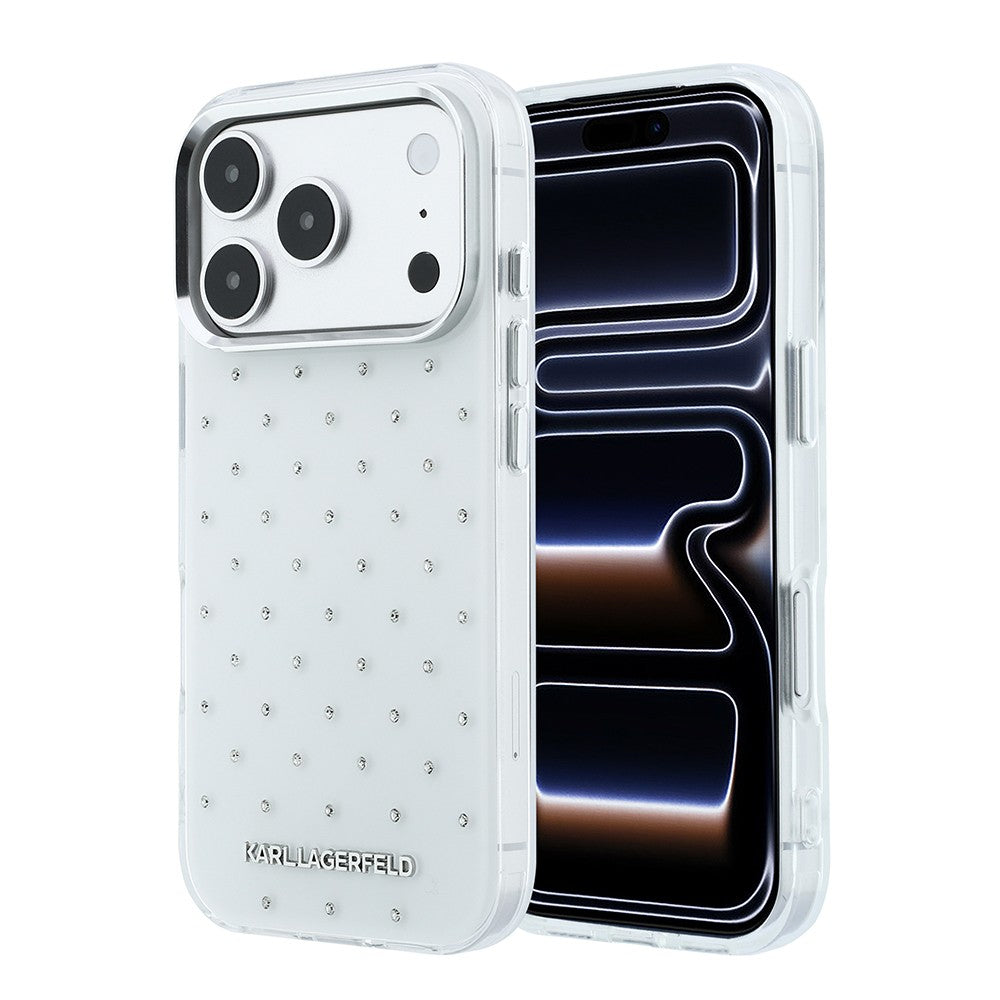 Apple iPhone 18 Pro Max Kılıf Karl Lagerfeld Orjinal Lisanslı Taşlı Elektro Kaplama Metal Logolu Kapak Beyaz
