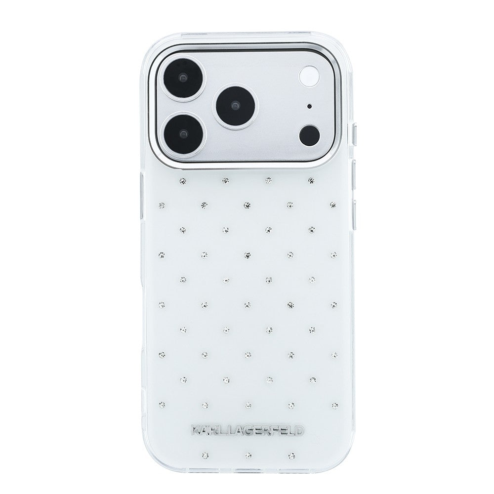 Apple iPhone 18 Pro Max Kılıf Karl Lagerfeld Orjinal Lisanslı Taşlı Elektro Kaplama Metal Logolu Kapak Beyaz