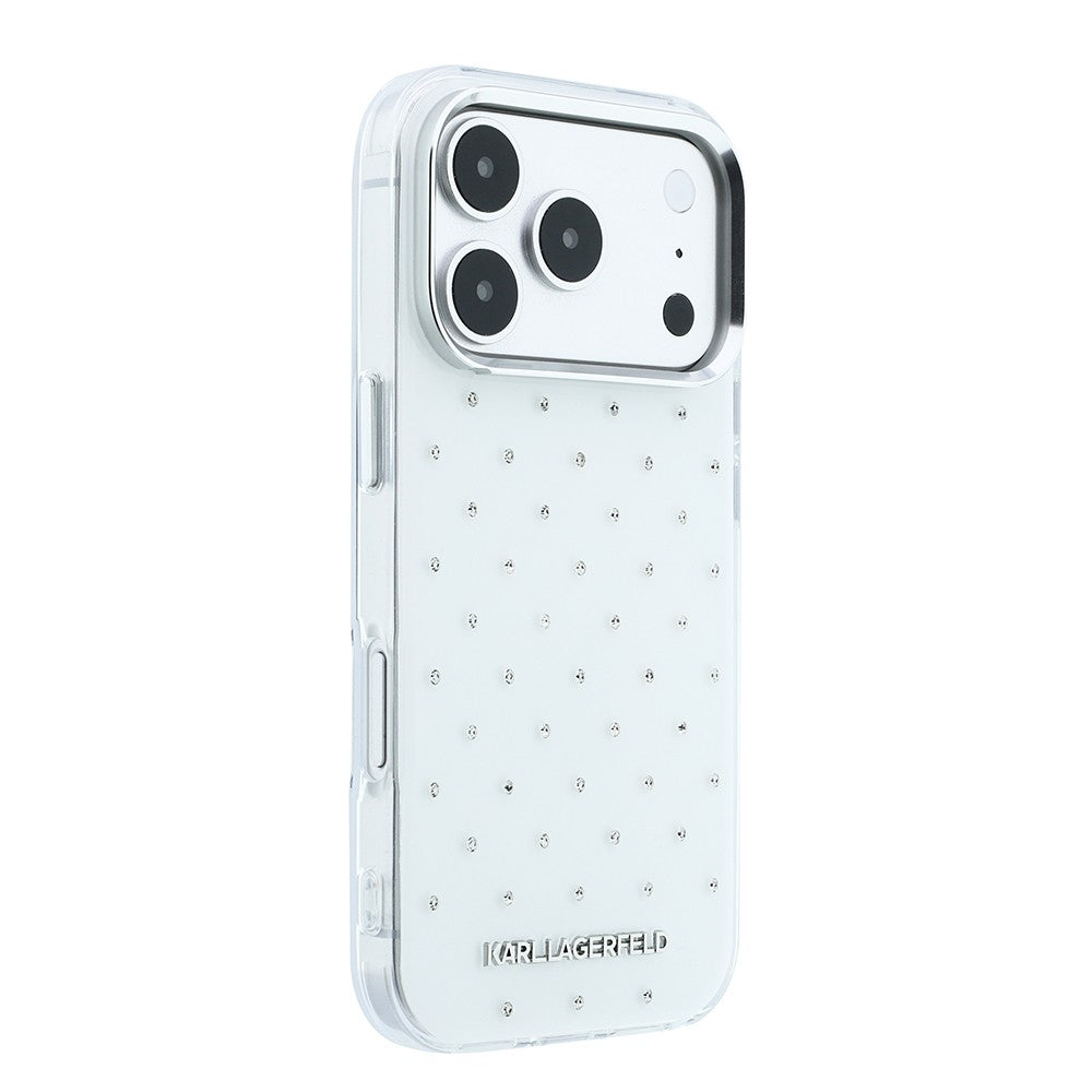 Apple iPhone 18 Pro Max Kılıf Karl Lagerfeld Orjinal Lisanslı Taşlı Elektro Kaplama Metal Logolu Kapak Beyaz