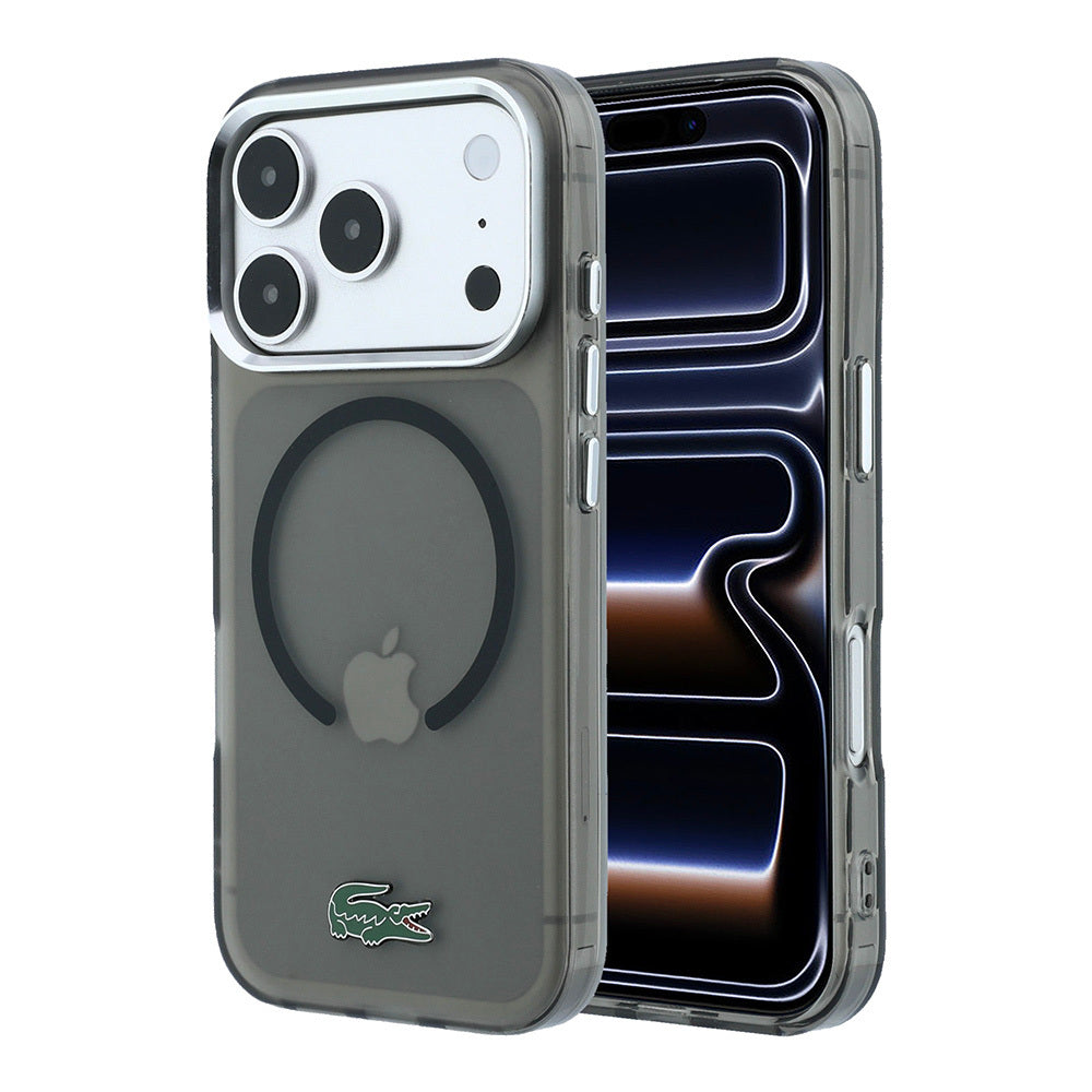 Apple iPhone 18 Pro Max Kılıf Lacoste Orjinal Lisanslı M-safe Şarj Özellikli Lake Timsah Logolu IML Frosted Kapak Siyah
