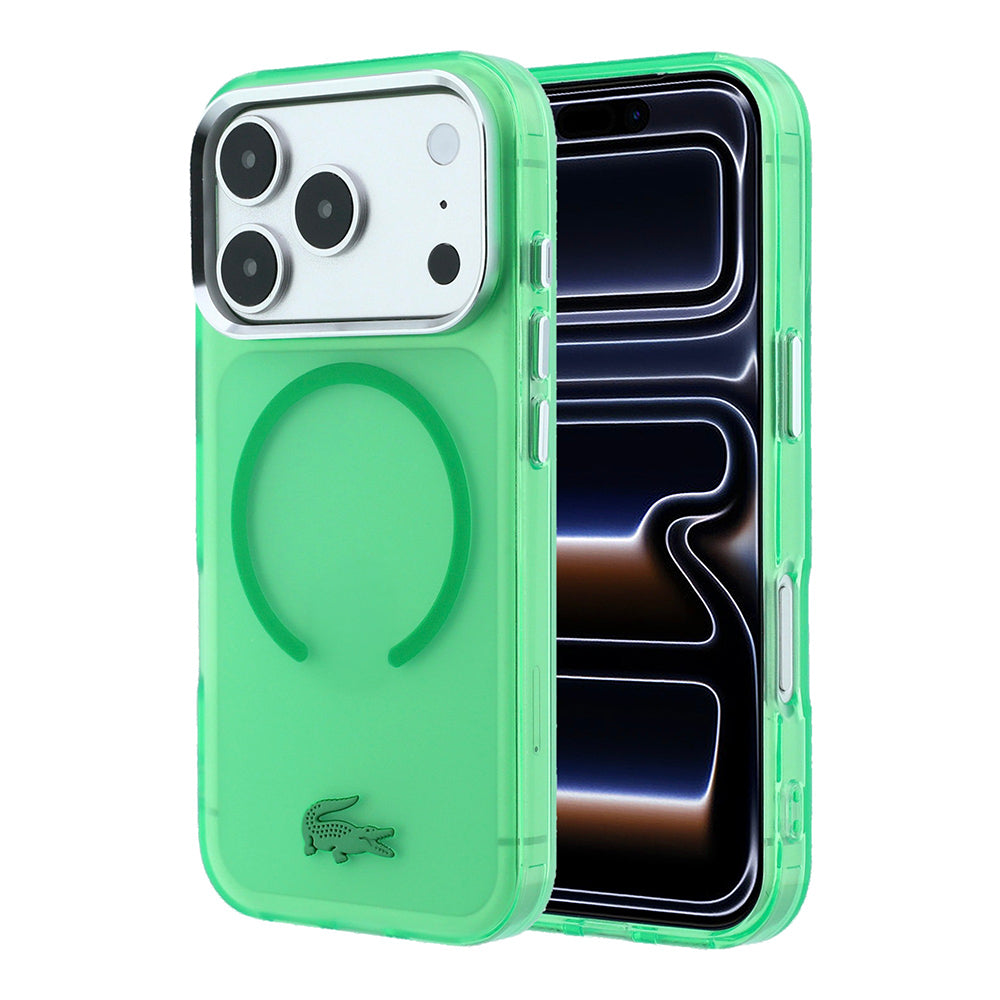 Apple iPhone 18 Pro Max Kılıf Lacoste Orjinal Lisanslı M-safe Şarj Özellikli Lake Timsah Logolu IML Frosted Kapak Yeşil