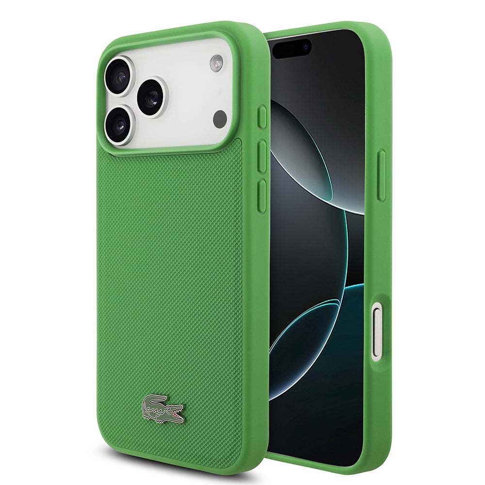 Apple iPhone 18 Pro Max Kılıf Lacoste Orjinal Lisanslı M-safe Şarj Özellikli PU Pike Desenli Metal Logolu Kapak Yeşil