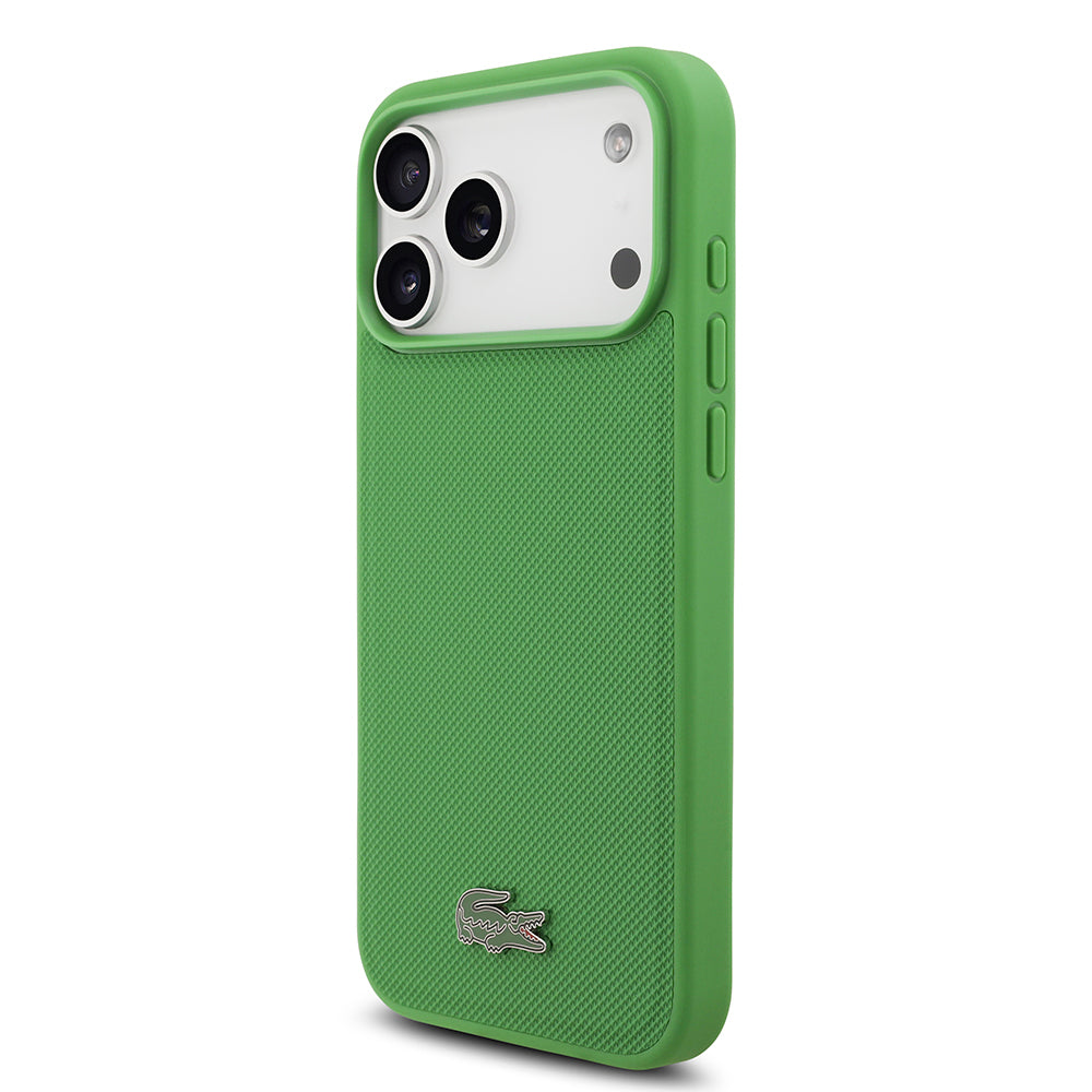 Apple iPhone 18 Pro Max Kılıf Lacoste Orjinal Lisanslı M-safe Şarj Özellikli PU Pike Desenli Metal Logolu Kapak Yeşil