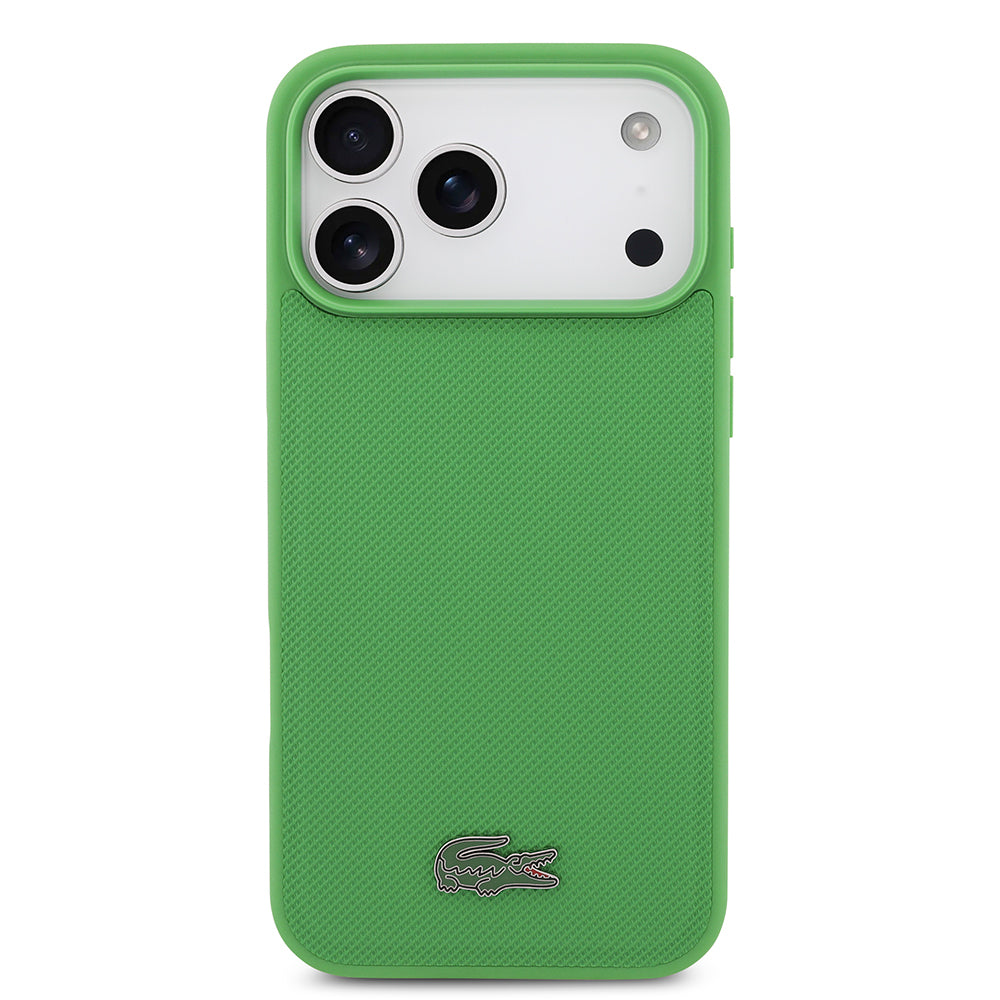 Apple iPhone 18 Pro Max Kılıf Lacoste Orjinal Lisanslı M-safe Şarj Özellikli PU Pike Desenli Metal Logolu Kapak Yeşil