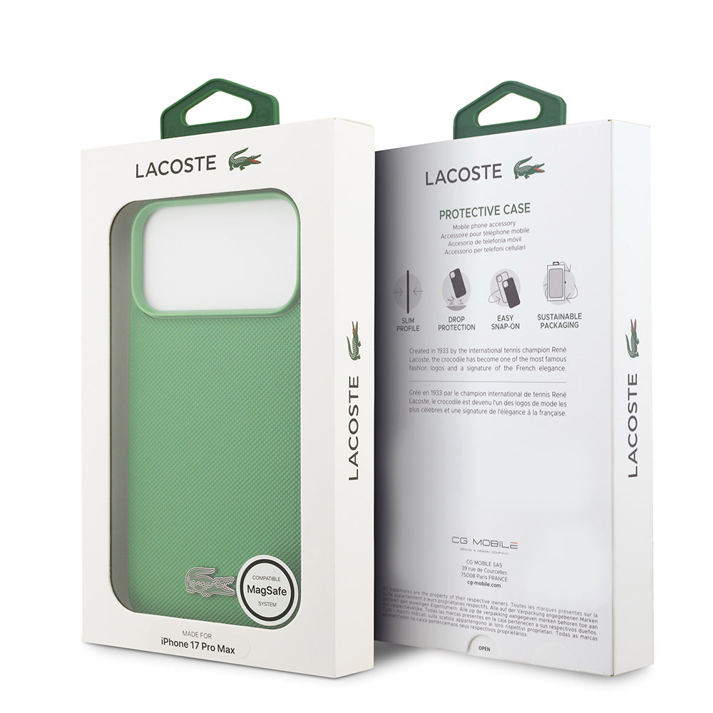Apple iPhone 18 Pro Max Kılıf Lacoste Orjinal Lisanslı M-safe Şarj Özellikli PU Pike Desenli Metal Logolu Kapak Yeşil