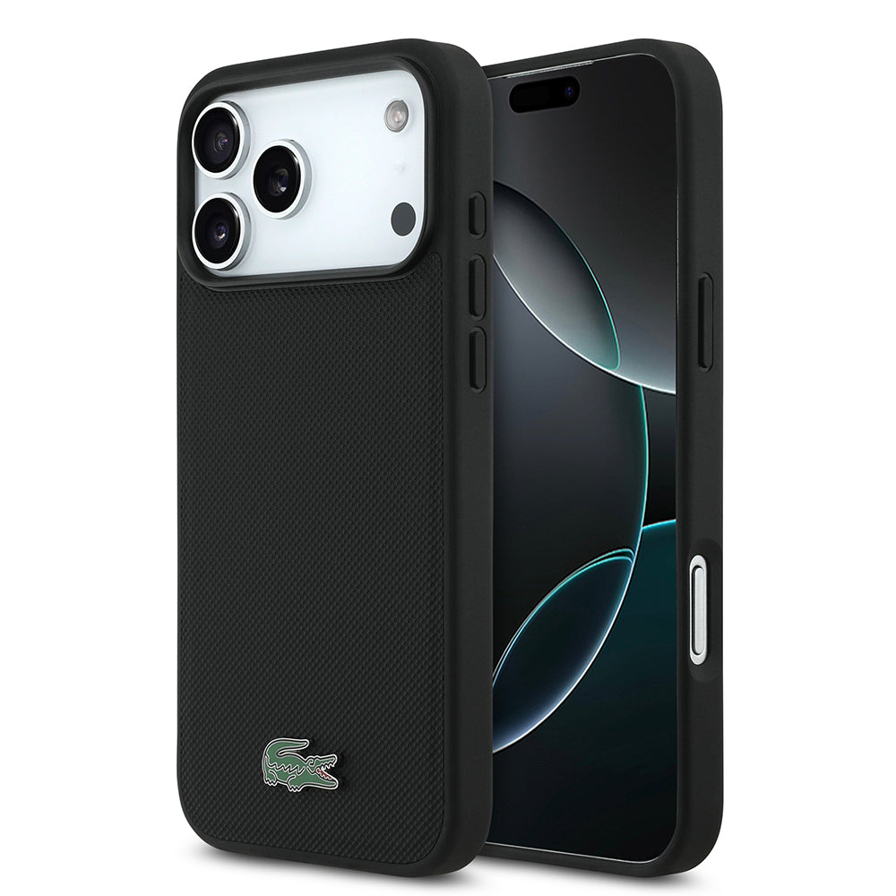 Apple iPhone 18 Pro Max Kılıf Lacoste Orjinal Lisanslı M-safe Şarj Özellikli PU Pike Desenli Metal Logolu Kapak Siyah