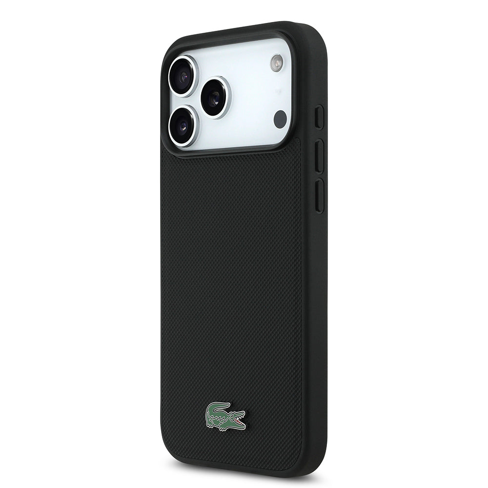Apple iPhone 18 Pro Max Kılıf Lacoste Orjinal Lisanslı M-safe Şarj Özellikli PU Pike Desenli Metal Logolu Kapak Siyah