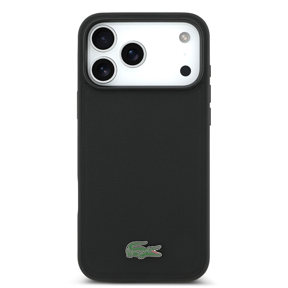 Apple iPhone 18 Pro Max Kılıf Lacoste Orjinal Lisanslı M-safe Şarj Özellikli PU Pike Desenli Metal Logolu Kapak Siyah