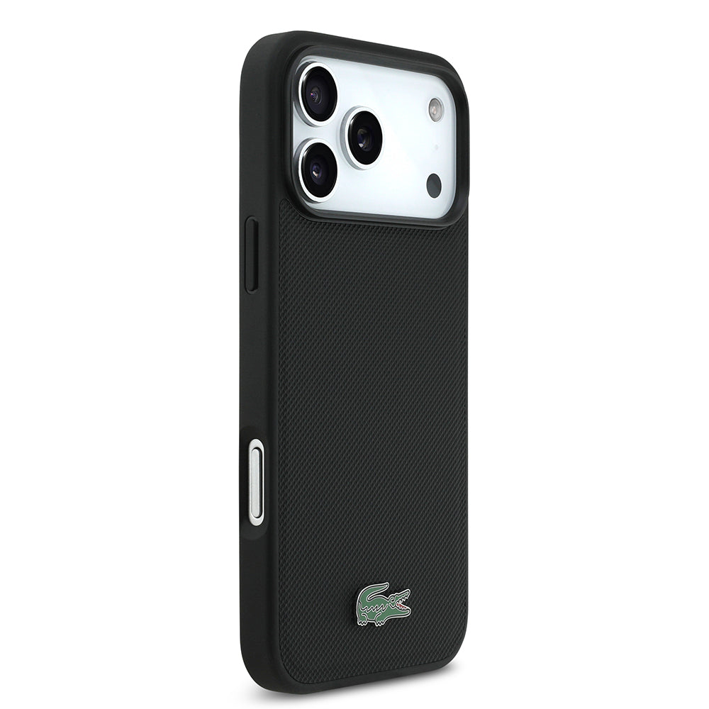 Apple iPhone 18 Pro Max Kılıf Lacoste Orjinal Lisanslı M-safe Şarj Özellikli PU Pike Desenli Metal Logolu Kapak Siyah