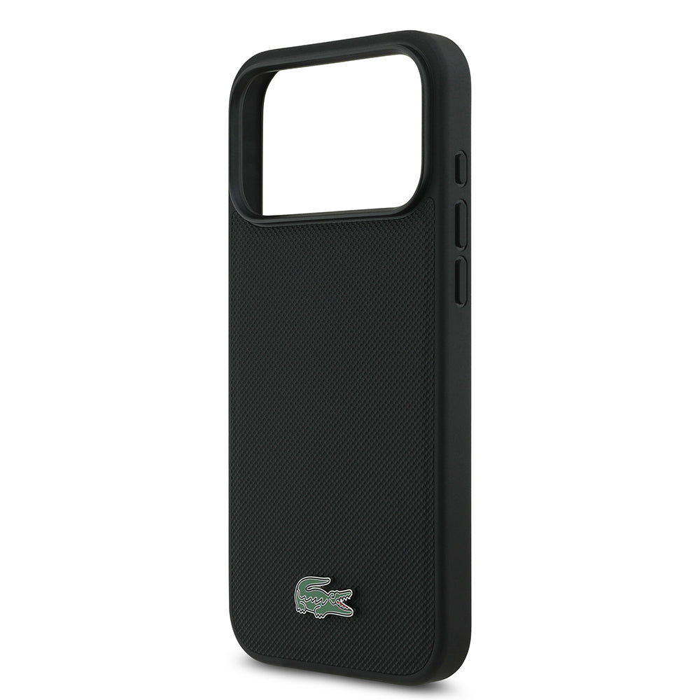 Apple iPhone 18 Pro Max Kılıf Lacoste Orjinal Lisanslı M-safe Şarj Özellikli PU Pike Desenli Metal Logolu Kapak Siyah