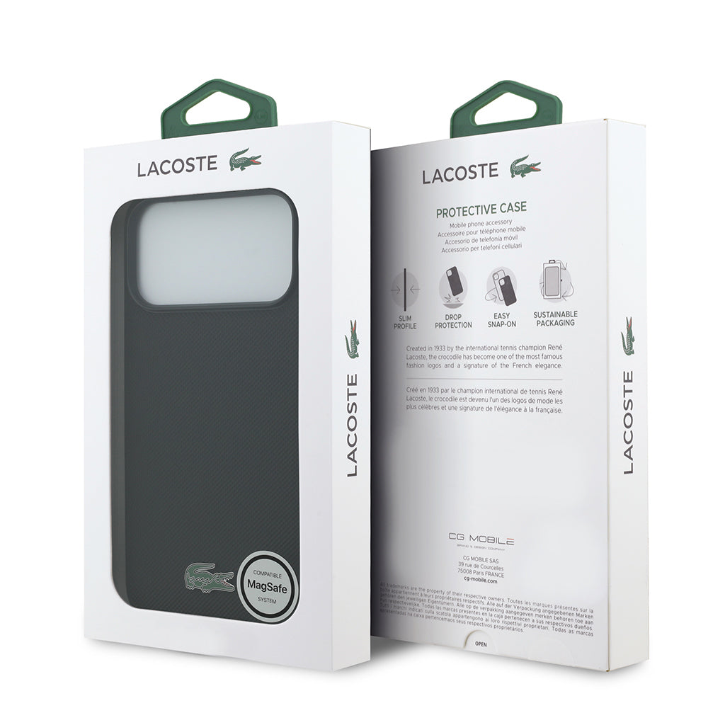 Apple iPhone 18 Pro Max Kılıf Lacoste Orjinal Lisanslı M-safe Şarj Özellikli PU Pike Desenli Metal Logolu Kapak Siyah