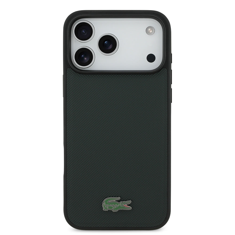 Apple iPhone 18 Pro Max Kılıf Lacoste Orjinal Lisanslı M-safe Şarj Özellikli PU Pike Desenli Metal Logolu Kapak Koyu Yeşil
