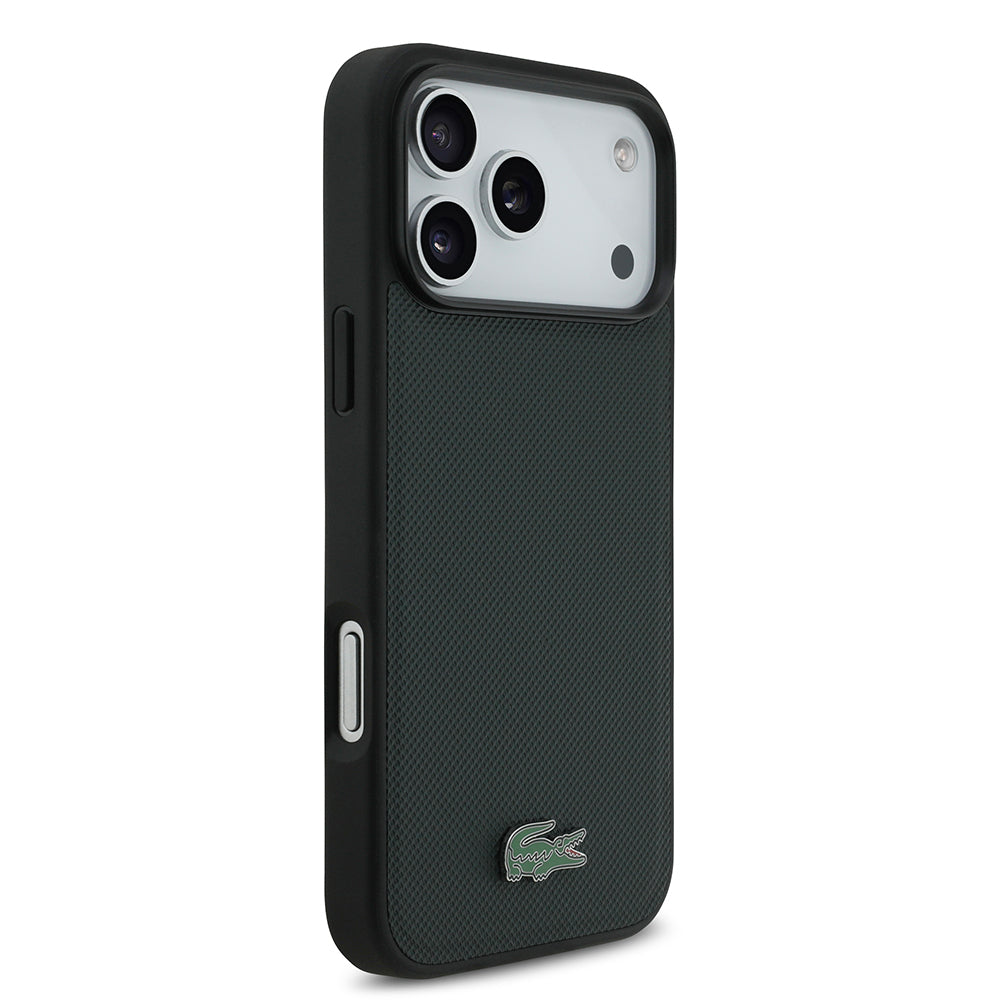 Apple iPhone 18 Pro Max Kılıf Lacoste Orjinal Lisanslı M-safe Şarj Özellikli PU Pike Desenli Metal Logolu Kapak Koyu Yeşil