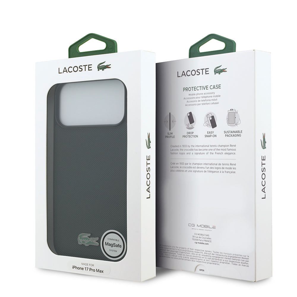 Apple iPhone 18 Pro Max Kılıf Lacoste Orjinal Lisanslı M-safe Şarj Özellikli PU Pike Desenli Metal Logolu Kapak Koyu Yeşil