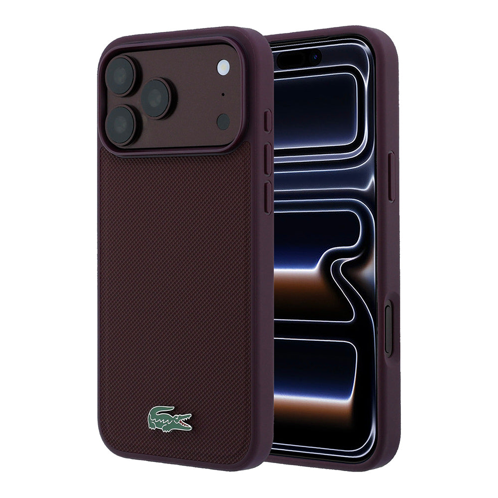 Apple iPhone 18 Pro Max Kılıf Lacoste Orjinal Lisanslı M-safe Şarj Özellikli PU Pike Desenli Metal Logolu Kapak Bordo