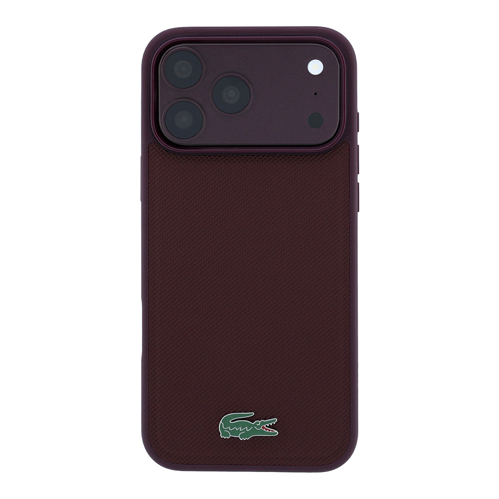 Apple iPhone 18 Pro Max Kılıf Lacoste Orjinal Lisanslı M-safe Şarj Özellikli PU Pike Desenli Metal Logolu Kapak Bordo