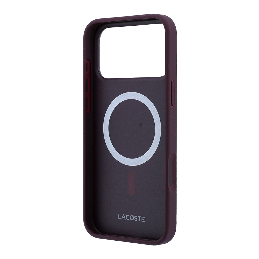 Apple iPhone 18 Pro Max Kılıf Lacoste Orjinal Lisanslı M-safe Şarj Özellikli PU Pike Desenli Metal Logolu Kapak Bordo
