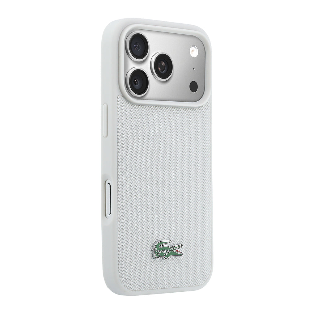 Apple iPhone 18 Pro Max Kılıf Lacoste Orjinal Lisanslı M-safe Şarj Özellikli PU Pike Desenli Metal Logolu Kapak Gri