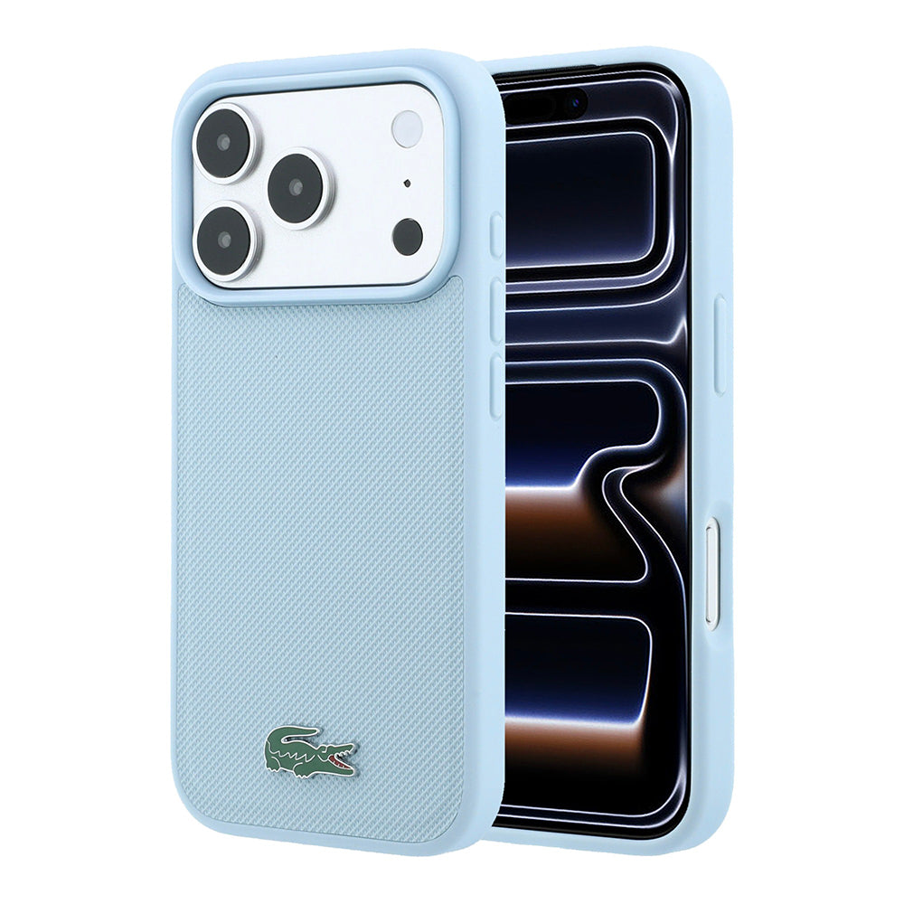 Apple iPhone 18 Pro Max Kılıf Lacoste Orjinal Lisanslı M-safe Şarj Özellikli PU Pike Desenli Metal Logolu Kapak Açık Mavi