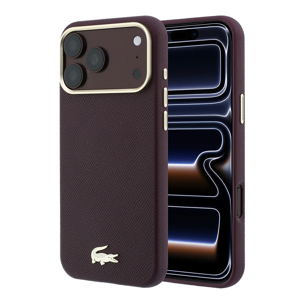 Apple iPhone 18 Pro Max Kılıf Lacoste Orjinal Lisanslı M-Safe Şarj Özellikli PVC Yarı Pike Desenli Arka Yüzey İkonik Timsah Dokuma Logolu Kapak Bordo