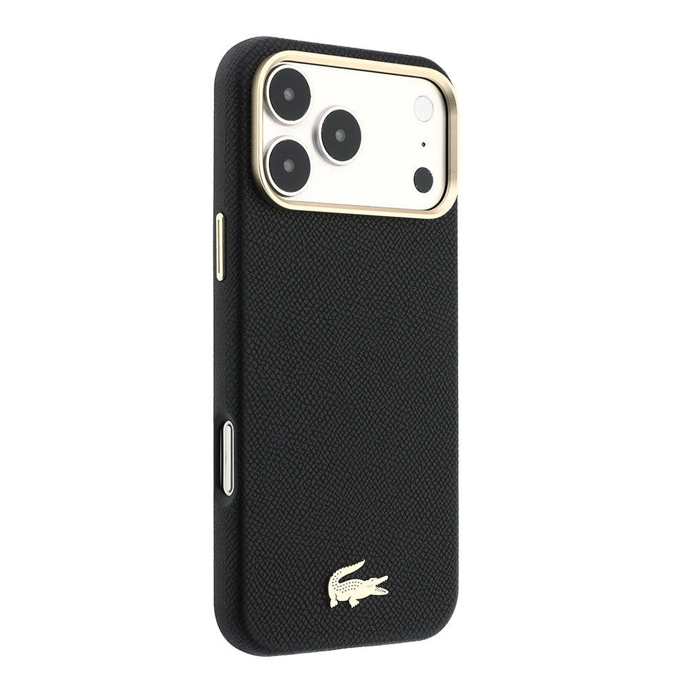 Apple iPhone 18 Pro Max Kılıf Lacoste Orjinal Lisanslı M-Safe Şarj Özellikli PVC Yarı Pike Desenli Arka Yüzey İkonik Timsah Dokuma Logolu Kapak Siyah