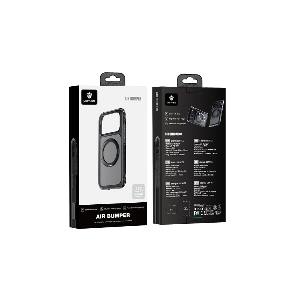 Apple iPhone 18 Pro Max Kılıf Lenyes Air Bumper Serisi M-safe Şarj Özellikli Airbag Tasarımlı Standlı Kapak Siyah
