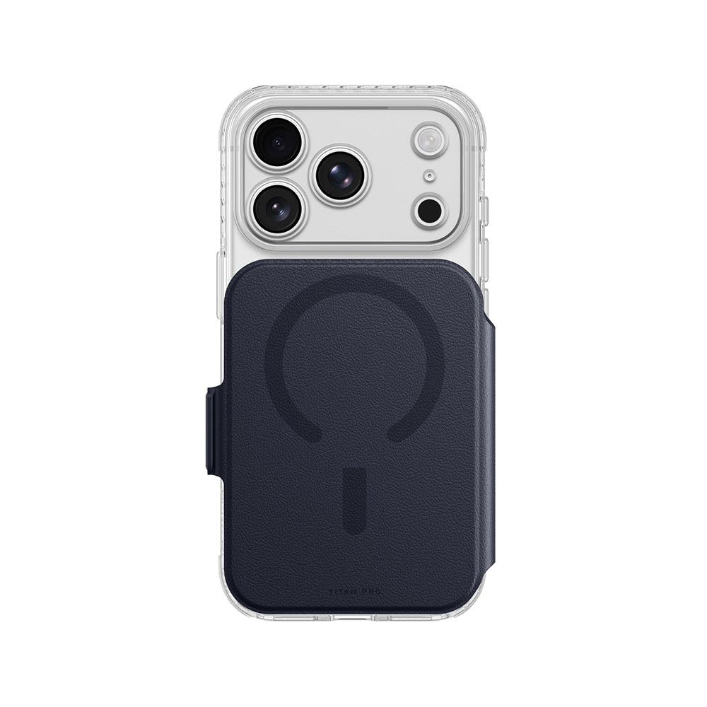 Apple iPhone 18 Pro Max Kılıf M-safe Özellikli Amazingthing Titan Lens Flip Serisi Kartlıklı Kapak Lacivert