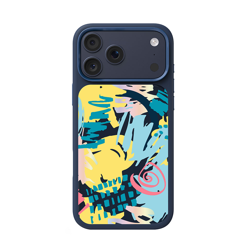 Apple iPhone 18 Pro Max Kılıf M-safe Şarj Özellikli 3D Baskılı Tasarım Mutural Graffiti Serisi Kapak Lacivert-Sarı