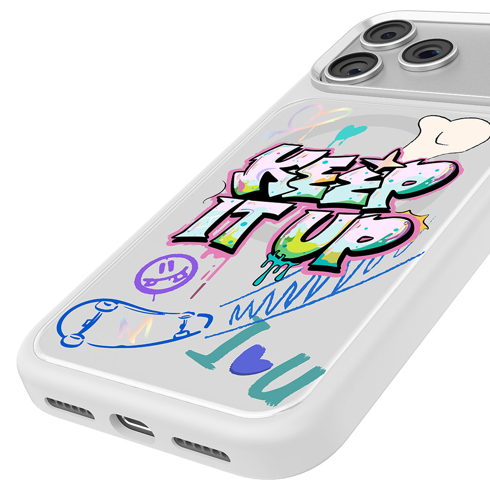 Apple iPhone 18 Pro Max Kılıf M-safe Şarj Özellikli 3D Baskılı Tasarım Mutural Graffiti Serisi Kapak Beyaz