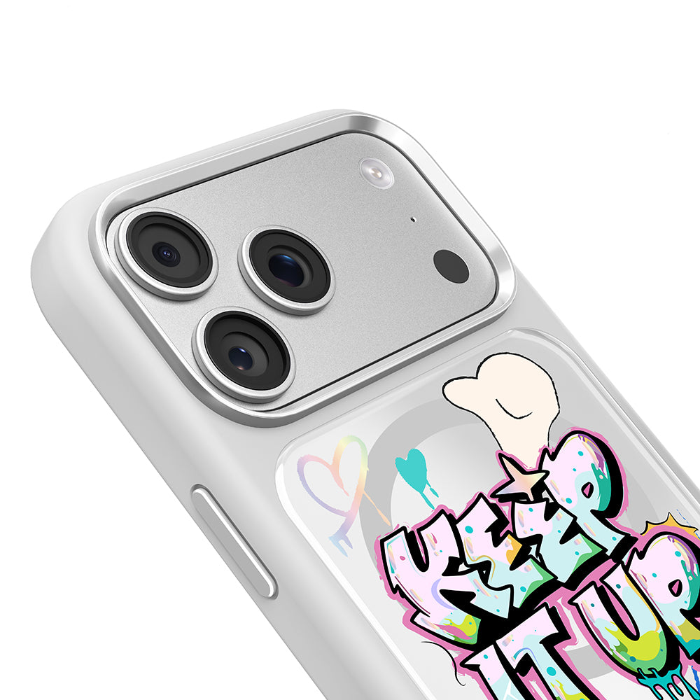 Apple iPhone 18 Pro Max Kılıf M-safe Şarj Özellikli 3D Baskılı Tasarım Mutural Graffiti Serisi Kapak Beyaz