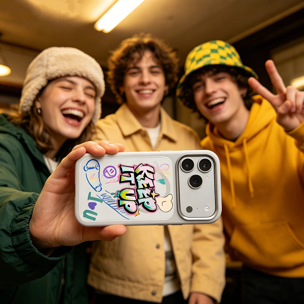Apple iPhone 18 Pro Max Kılıf M-safe Şarj Özellikli 3D Baskılı Tasarım Mutural Graffiti Serisi Kapak Beyaz