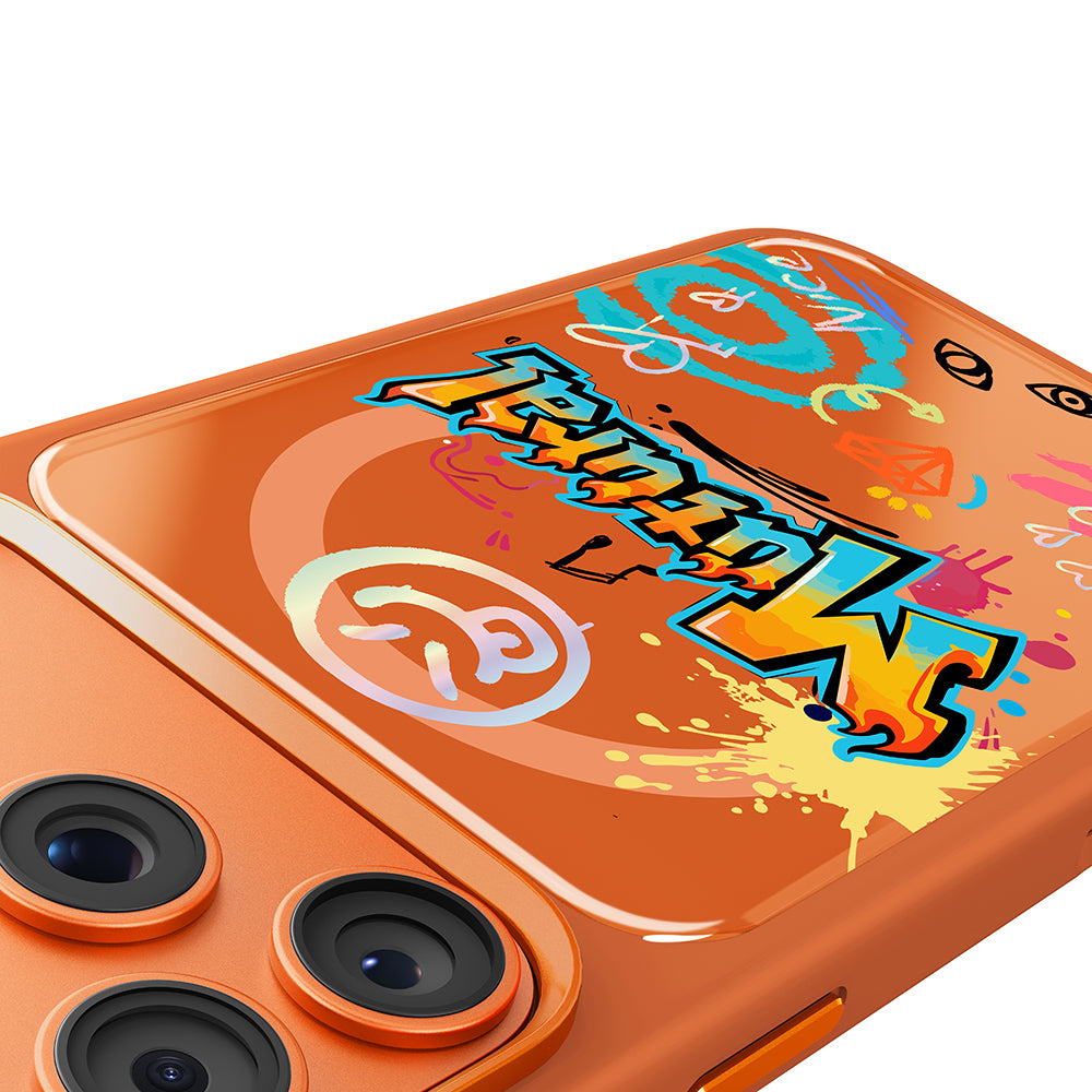 Apple iPhone 18 Pro Max Kılıf M-safe Şarj Özellikli 3D Baskılı Tasarım Mutural Graffiti Serisi Kapak Turuncu