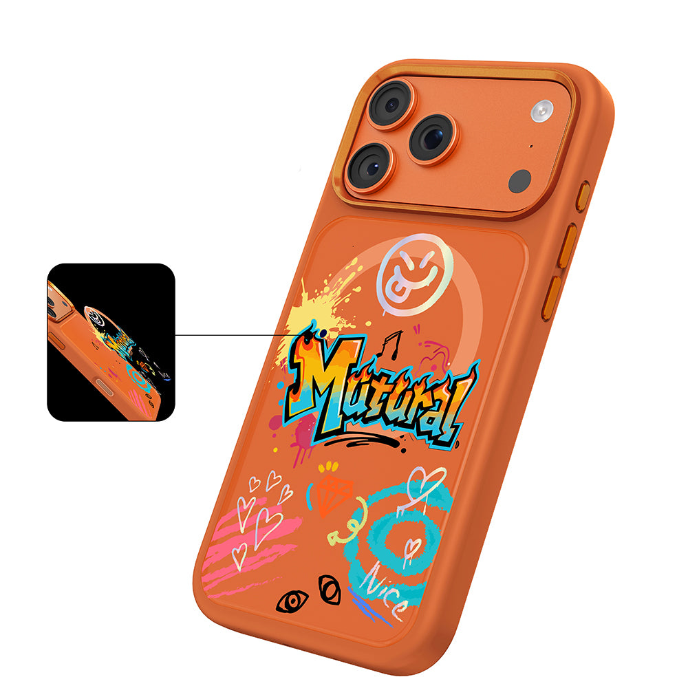 Apple iPhone 18 Pro Max Kılıf M-safe Şarj Özellikli 3D Baskılı Tasarım Mutural Graffiti Serisi Kapak Turuncu