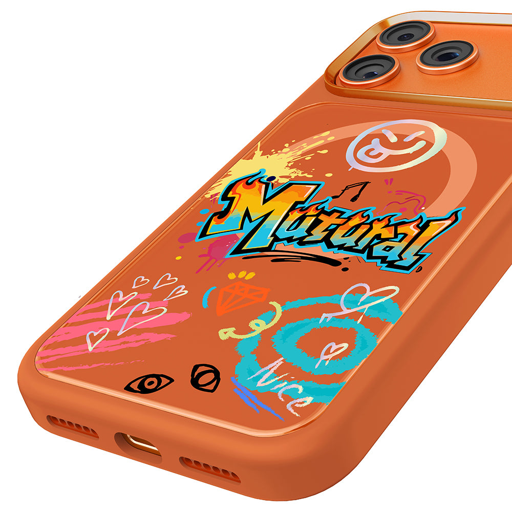 Apple iPhone 18 Pro Max Kılıf M-safe Şarj Özellikli 3D Baskılı Tasarım Mutural Graffiti Serisi Kapak Turuncu