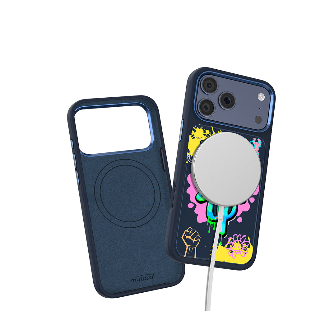 Apple iPhone 18 Pro Max Kılıf M-safe Şarj Özellikli 3D Baskılı Tasarım Mutural Graffiti Serisi Kapak Lacivert