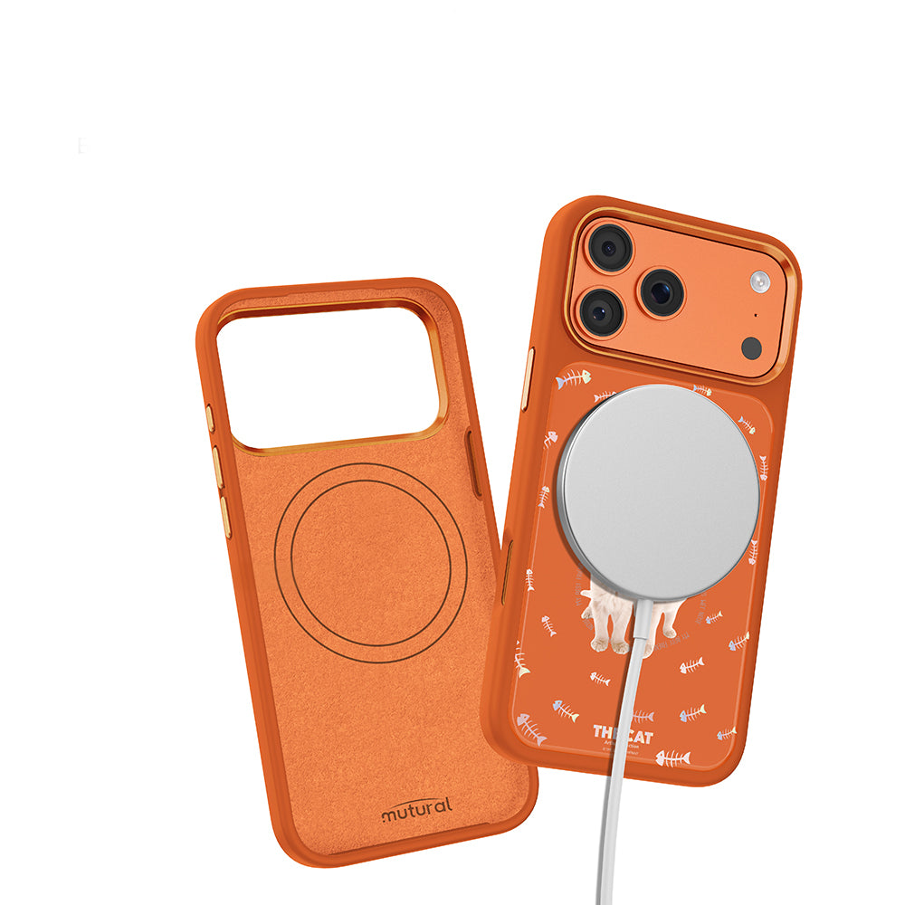 Apple iPhone 18 Pro Max Kılıf M-safe Şarj Özellikli 3D Baskılı Tasarım Mutural The Cat Serisi Kapak Turuncu