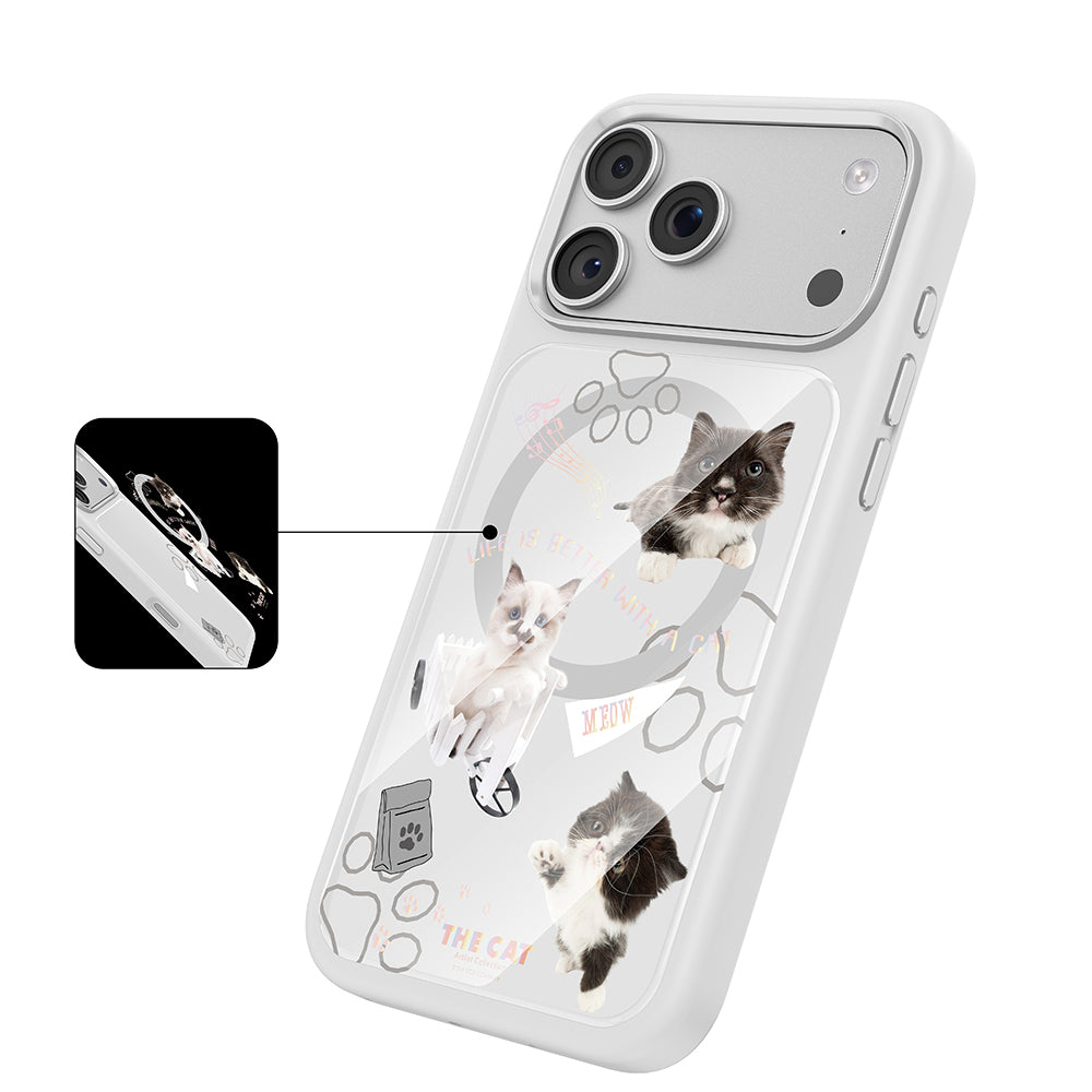 Apple iPhone 18 Pro Max Kılıf M-safe Şarj Özellikli 3D Baskılı Tasarım Mutural The Cat Serisi Kapak Beyaz