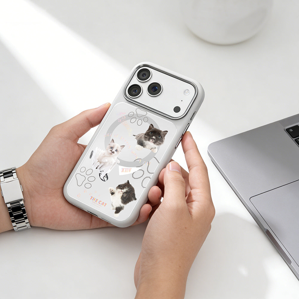Apple iPhone 18 Pro Max Kılıf M-safe Şarj Özellikli 3D Baskılı Tasarım Mutural The Cat Serisi Kapak Beyaz