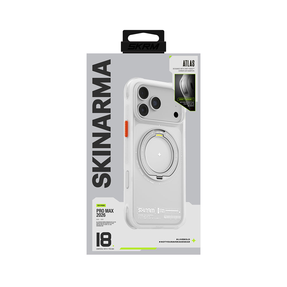 Apple iPhone 18 Pro Max Kılıf M-Safe Şarj Özellikli Airbag Tasarımlı Standlı Skinarma Atlas Kapak Beyaz