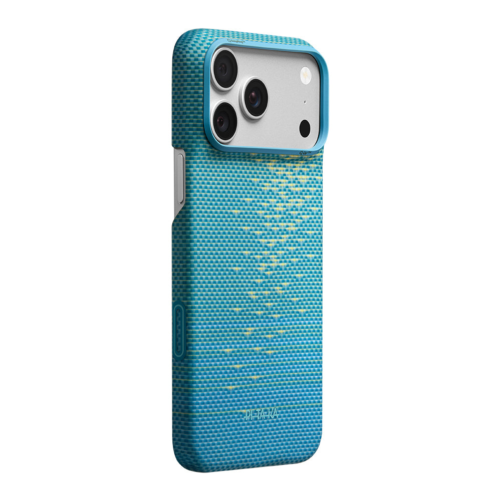 Apple iPhone 18 Pro Max Kılıf M-safe Şarj Özellikli Aramid Karbon Fiber Pitaka Glints of Gold Ultra Slim Serisi Kapak Mavi