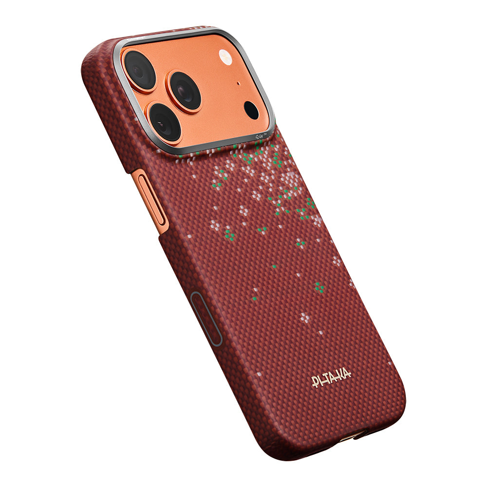 Apple iPhone 18 Pro Max Kılıf M-safe Şarj Özellikli Aramid Karbon Fiber Pitaka Sakura Hours Serisi Kapak Kırmızı