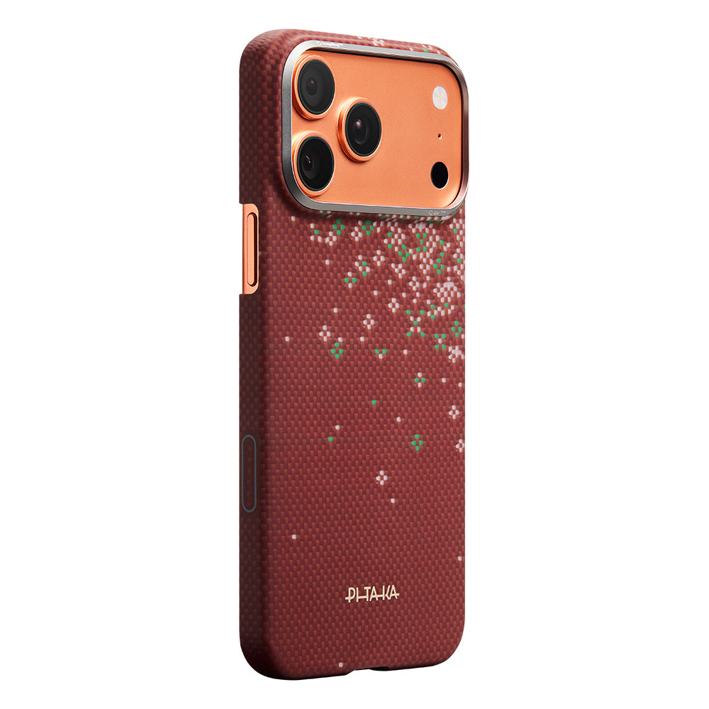 Apple iPhone 18 Pro Max Kılıf M-safe Şarj Özellikli Aramid Karbon Fiber Pitaka Sakura Hours Serisi Kapak Kırmızı
