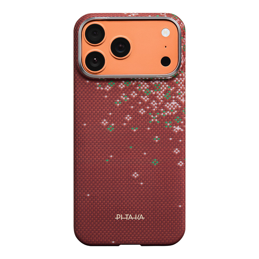 Apple iPhone 18 Pro Max Kılıf M-safe Şarj Özellikli Aramid Karbon Fiber Pitaka Sakura Hours Serisi Kapak Kırmızı