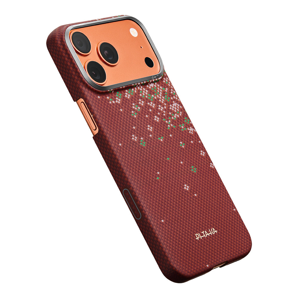 Apple iPhone 18 Pro Max Kılıf M-safe Şarj Özellikli Aramid Karbon Fiber Pitaka Sakura Hours Serisi Kapak Kırmızı